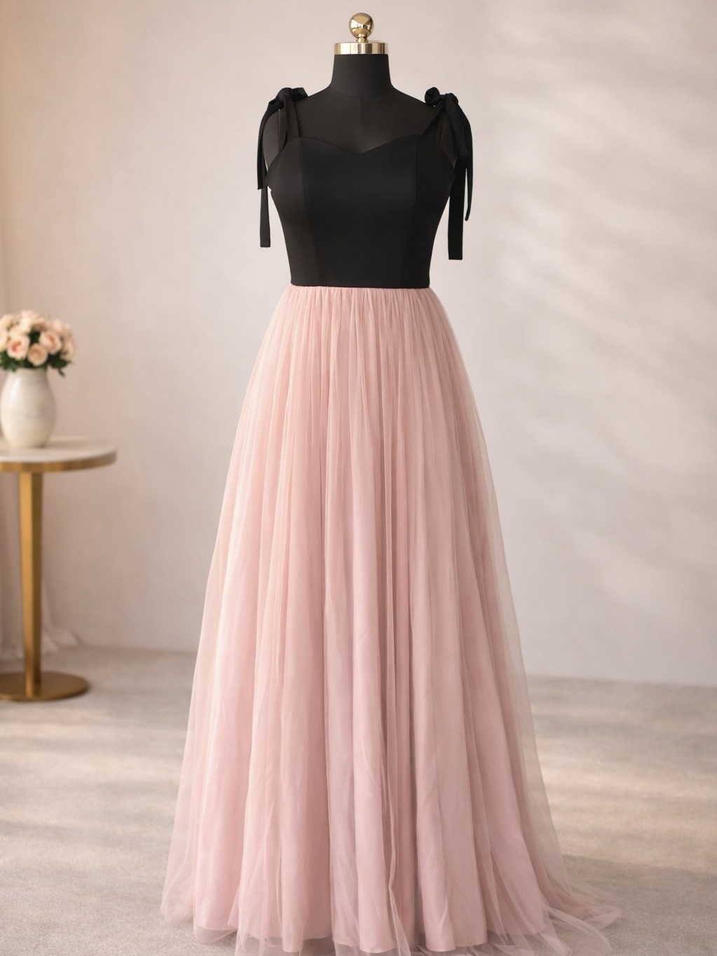 Blush Pink & Black Two-Tone Tulle Gown 