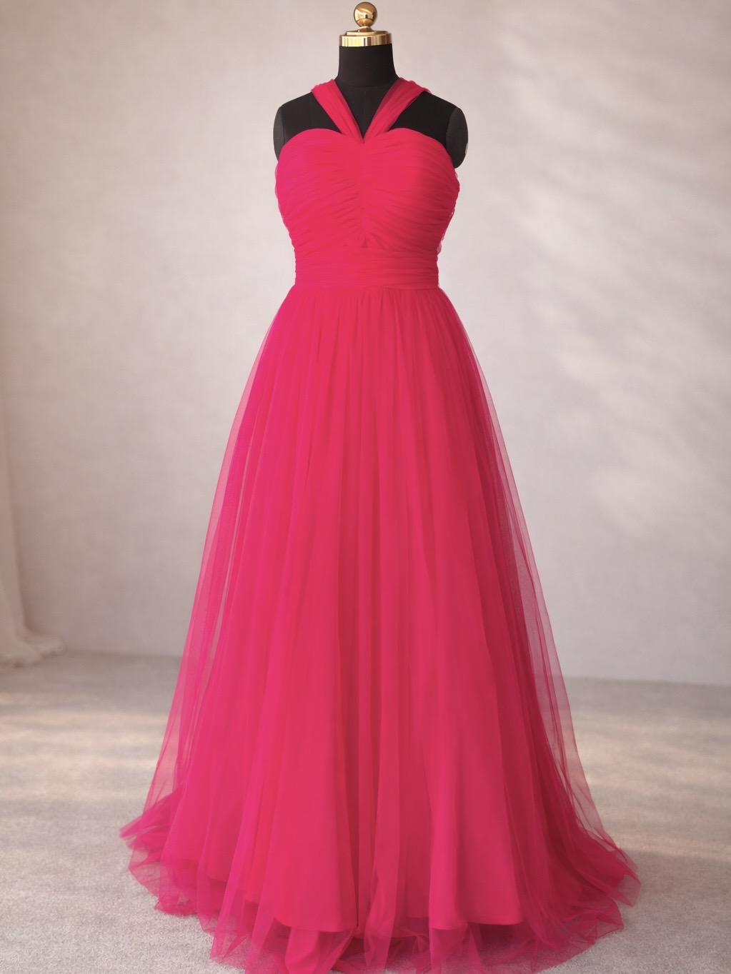 Hot Pink Halter Tulle Gown 