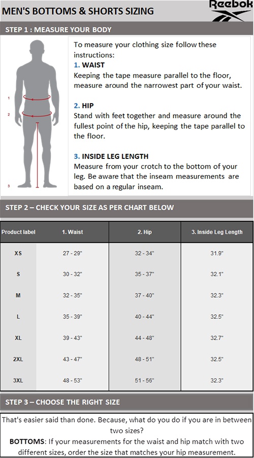 reebok mens waist size chart