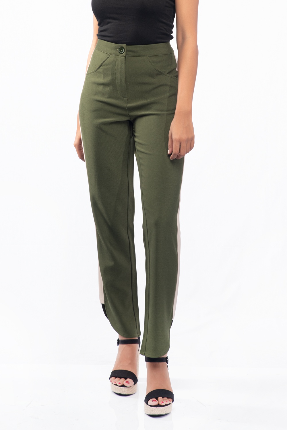 Tara Olive Green Side Tape Detailed Pant 