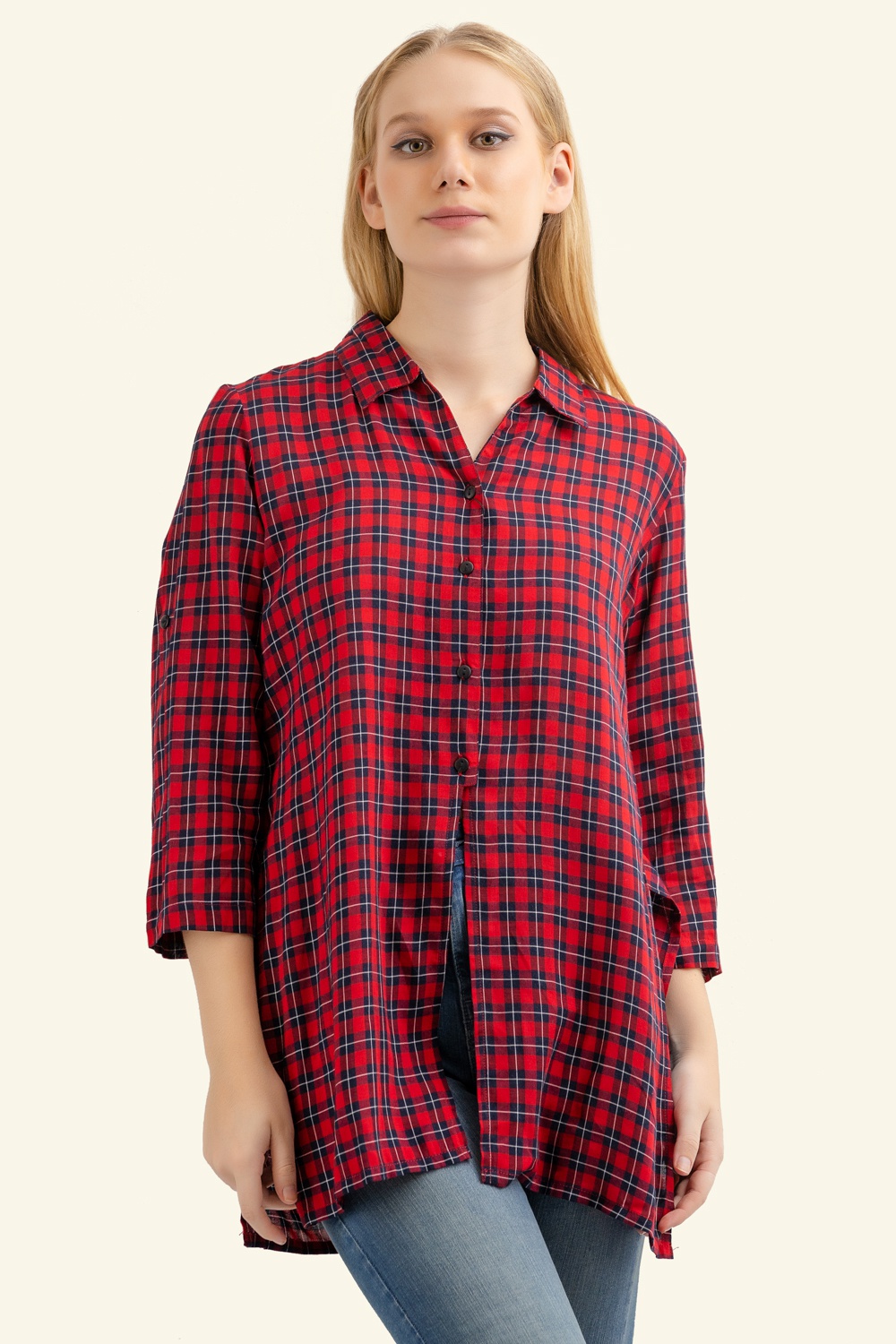 Odel Red Check 3/4 Sleeve Tunic | Odel.lk