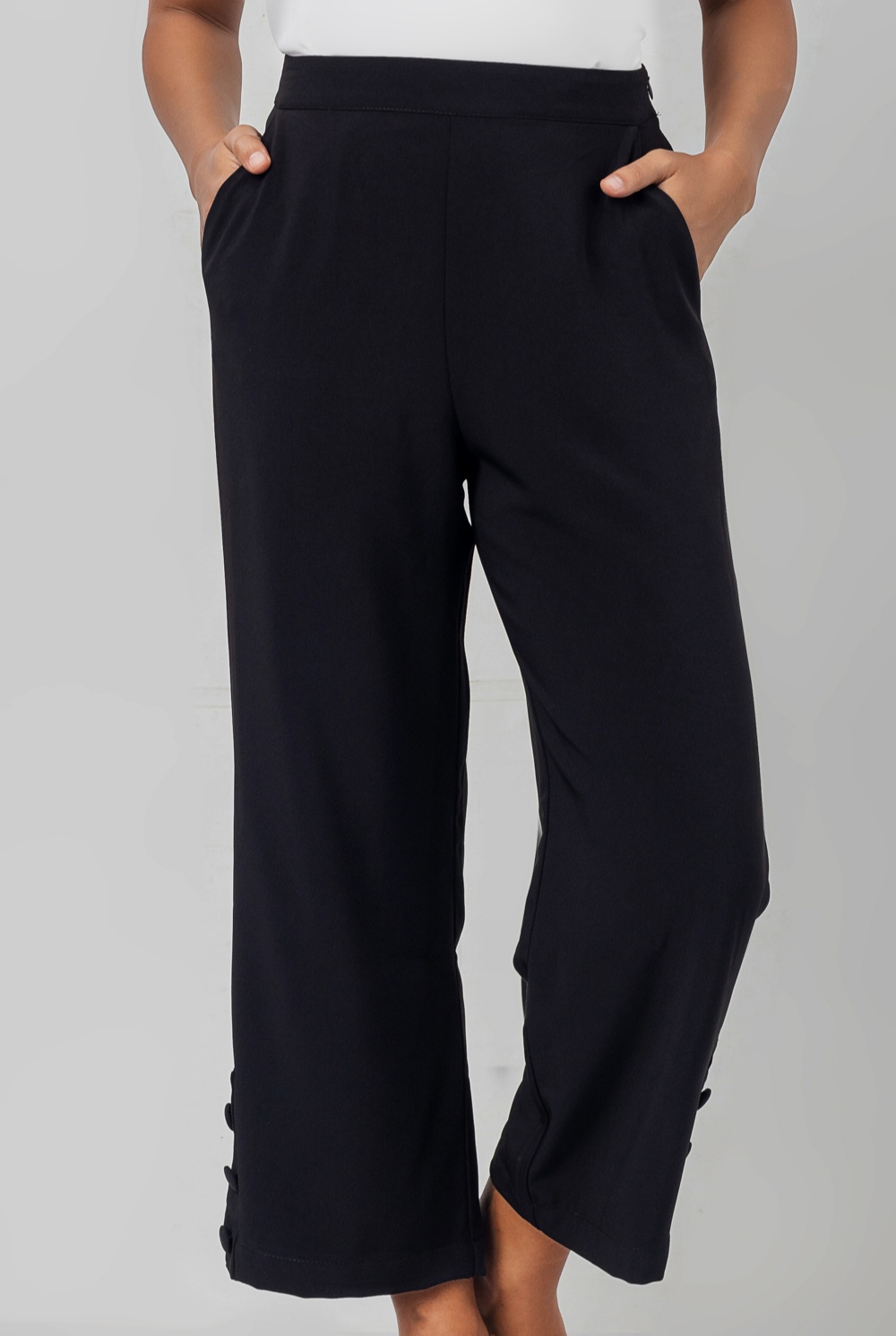 Tara Black Wide Leg With Mock Placket At Hem Pant | Odel.lk