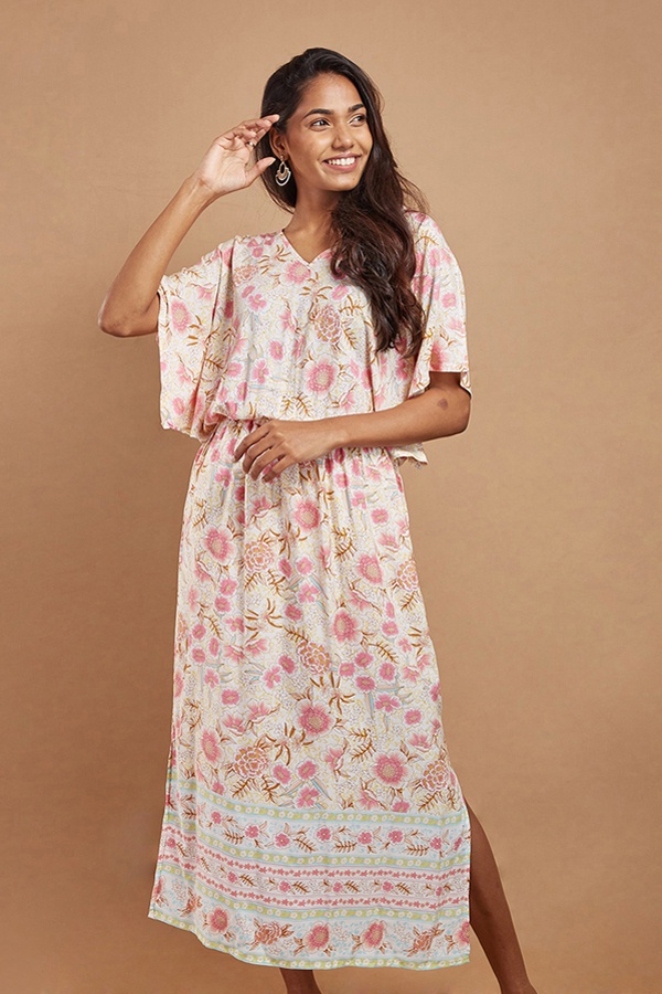 Cotton Collection Printed Kimono Sleeve Midi Dress By Coco