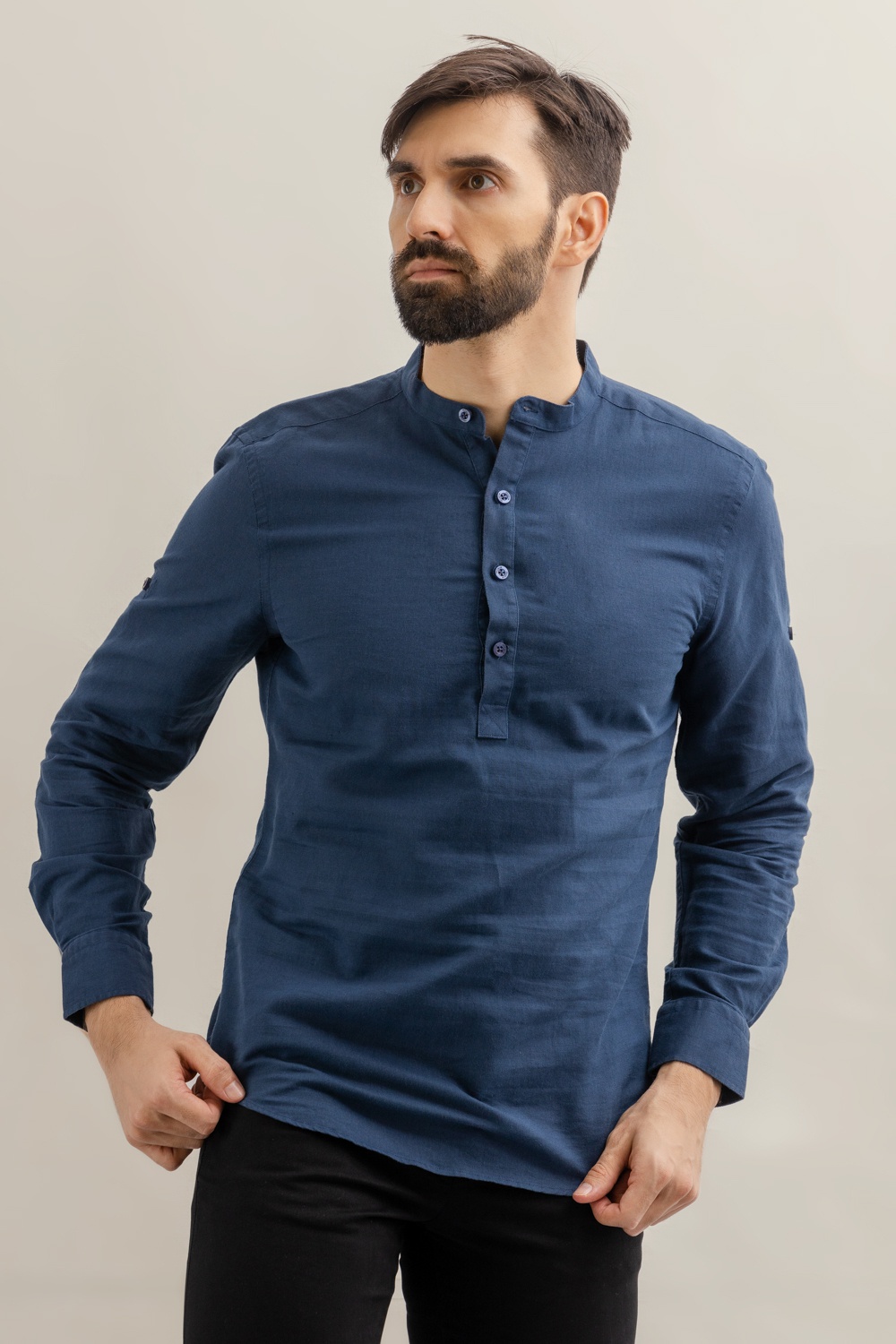 Premium Linen Slim Fit Long Sleeve Mandarin Collar Shirt