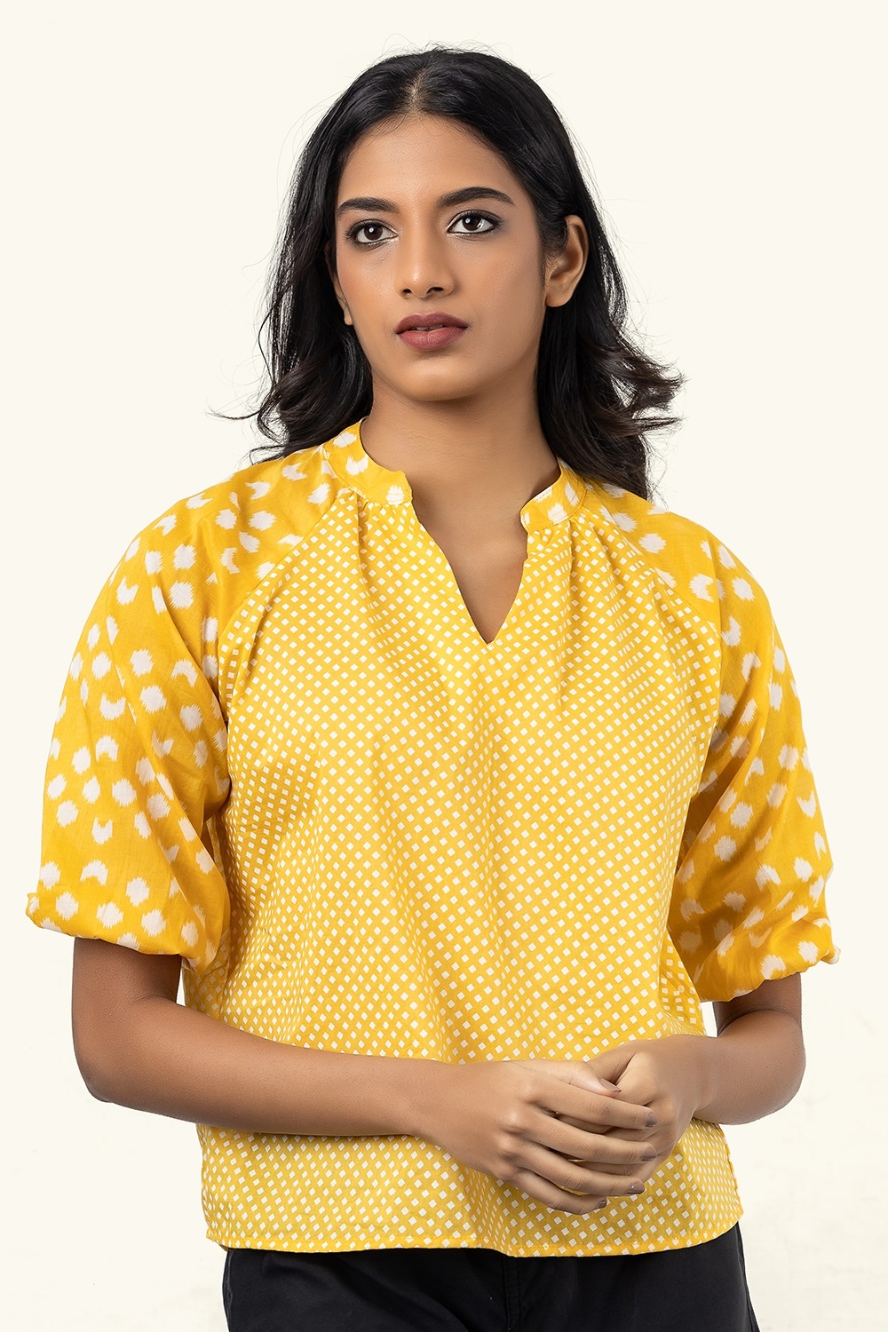 Cotton Collection Cotton Yellow Mini-check Top By Coco | Odel.lk