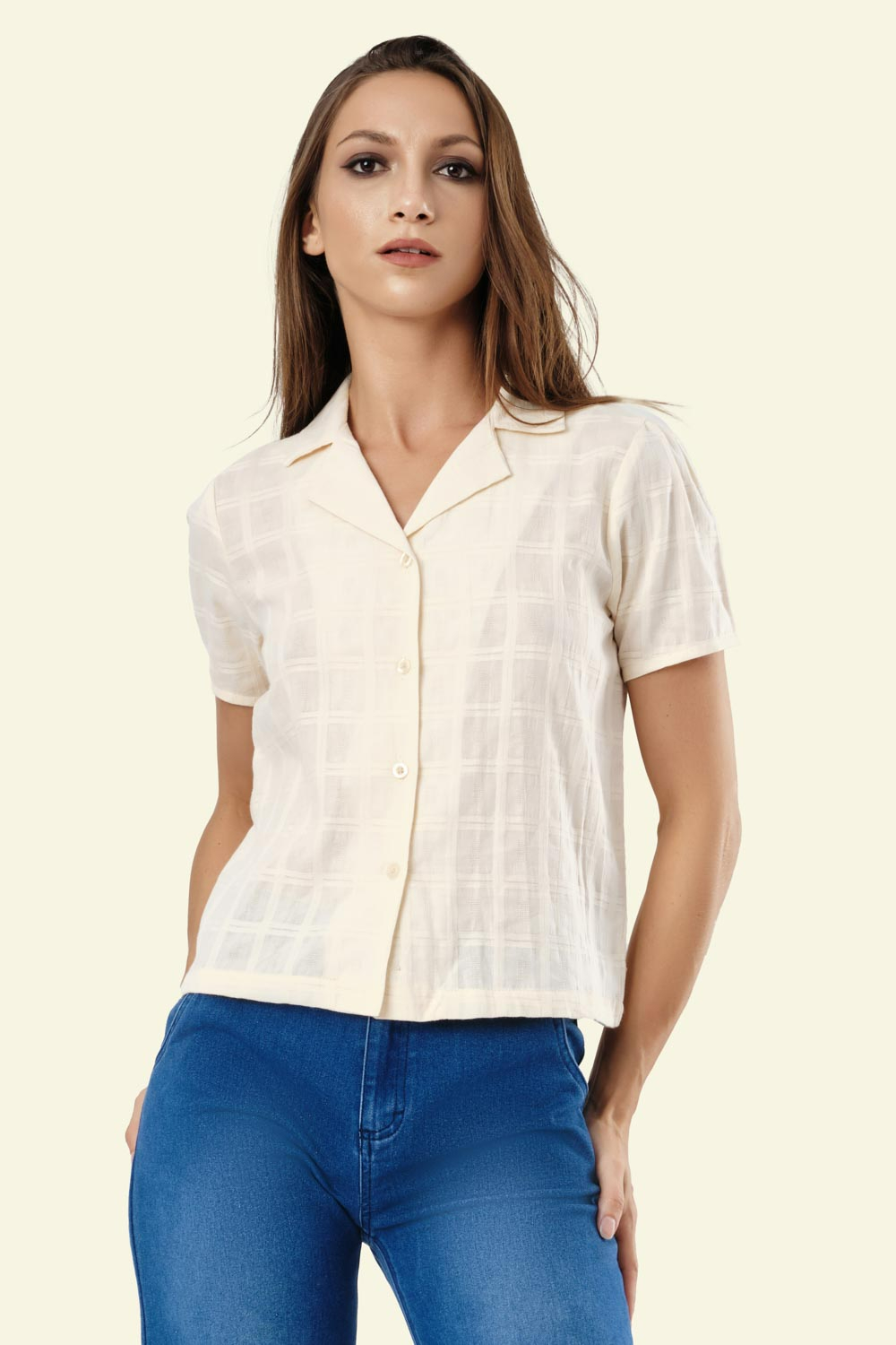 Odel Beige Lapel Collar Short Sleeve Top | Odel.lk