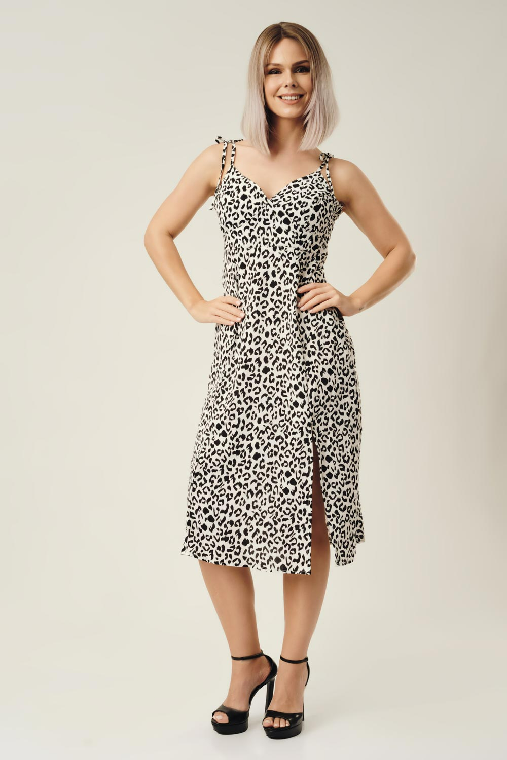 Mid-Length Gathered Waist Leopard Print Slit Midi Dress