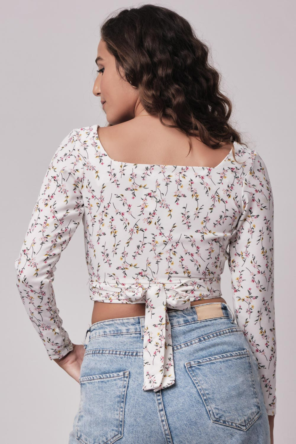 Odel White Floral Printed Cropped Long Sleeve Top