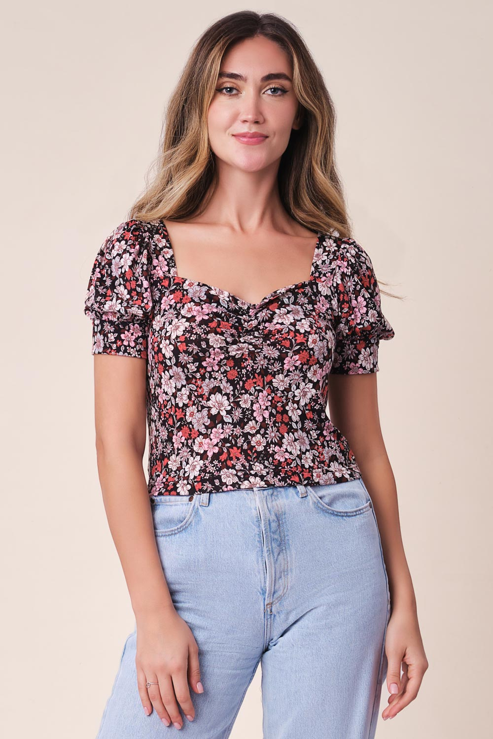 Odel Black Floral Printed Short Puff Sleeve Top | Odel.lk