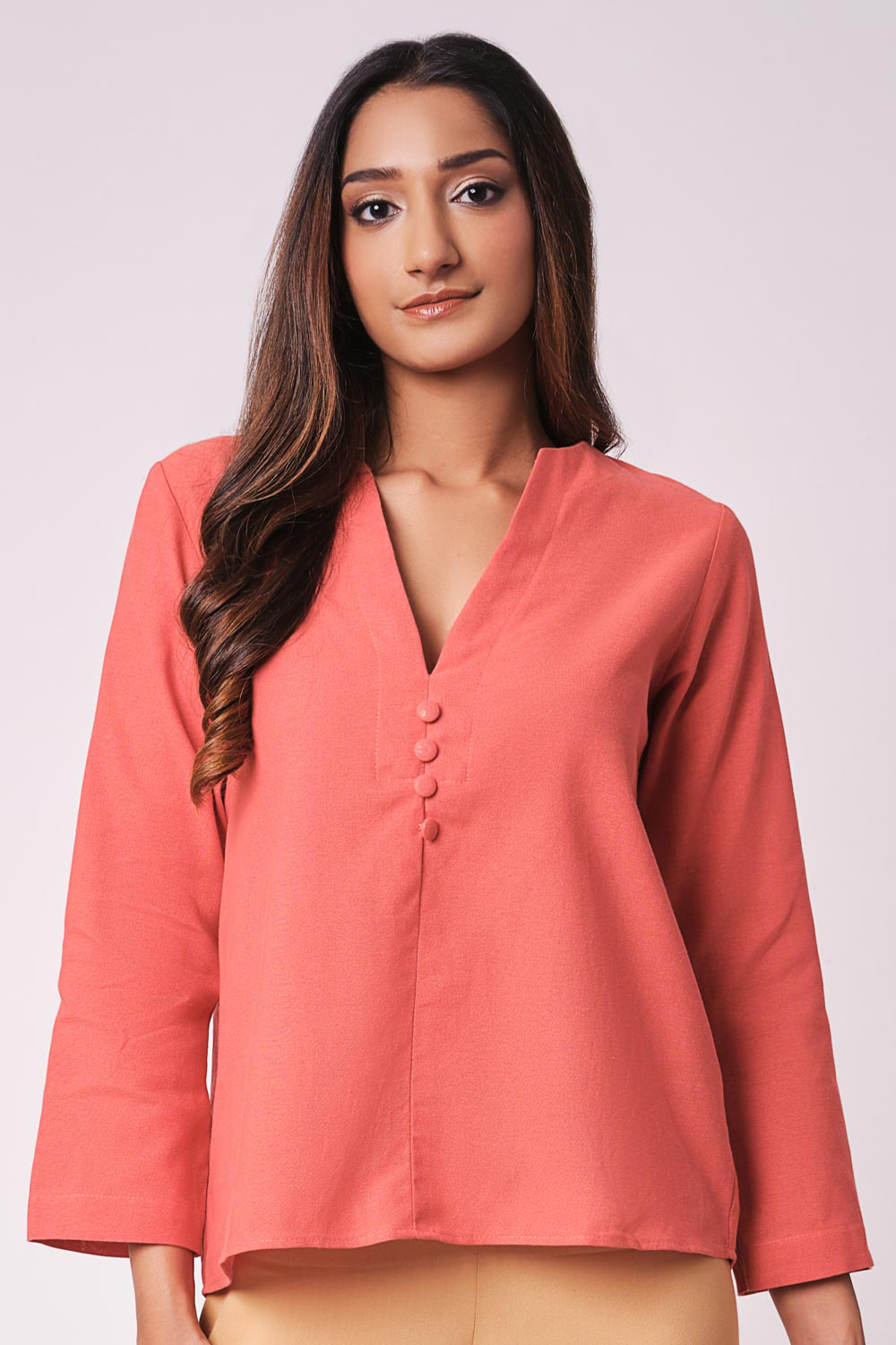 Cotton Collection Cotton Orange VNeck Linen Top By Coco Odel.lk