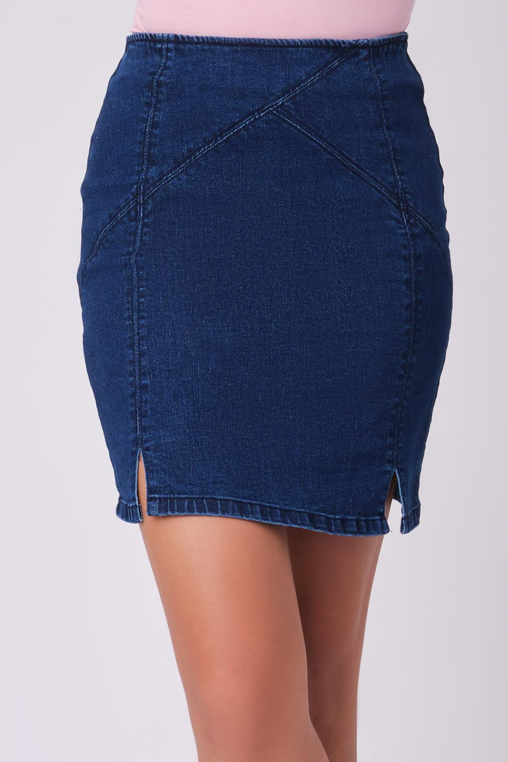 Biconic Blue Denim Fitted Double Slit Skirt | Odel.lk