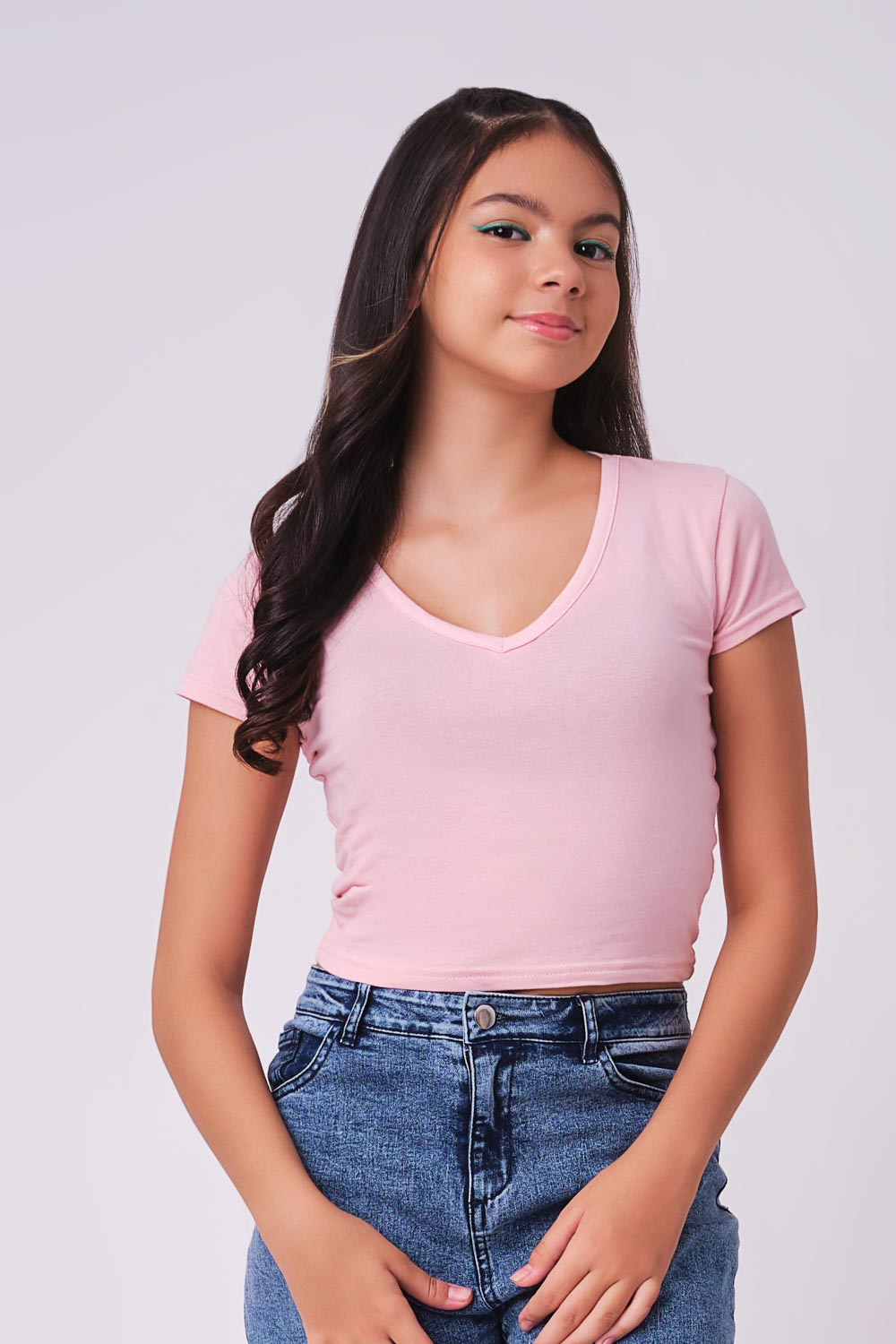 Biconic Basics Peach Short Sleeve Crop V Neck Tshirt Odel Lk