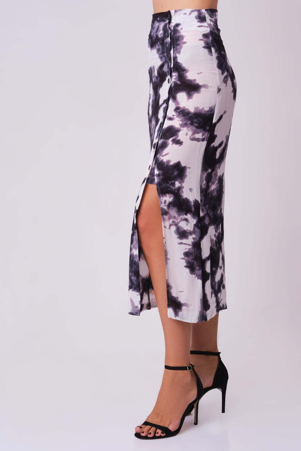 Odel Black White Tie Dye Printed Button Down Maxi Skirt