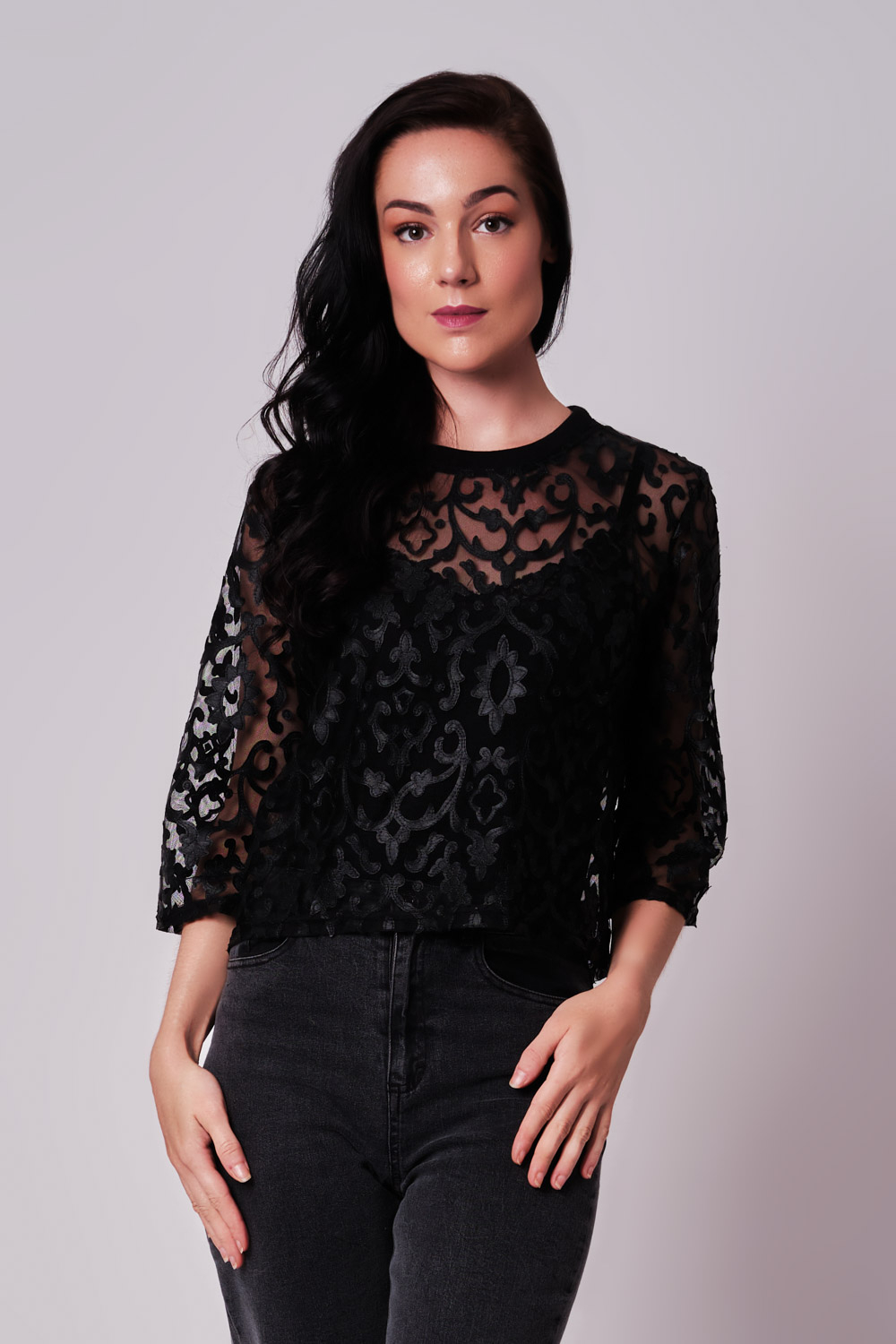 Odel Black Lace See Through Loose Top 