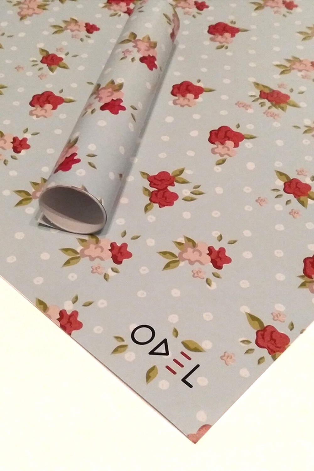 Odel Wrapping Paper Printed Pink Red Floral On Light Blue Base