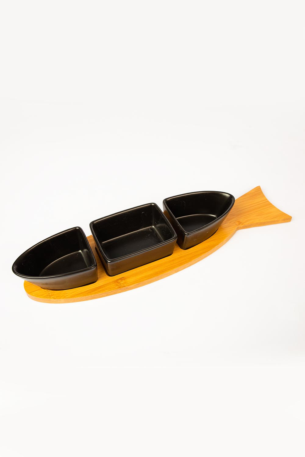 Odel Black Ceramic Serving Bowls 3pcs set On Wood Fish Tray