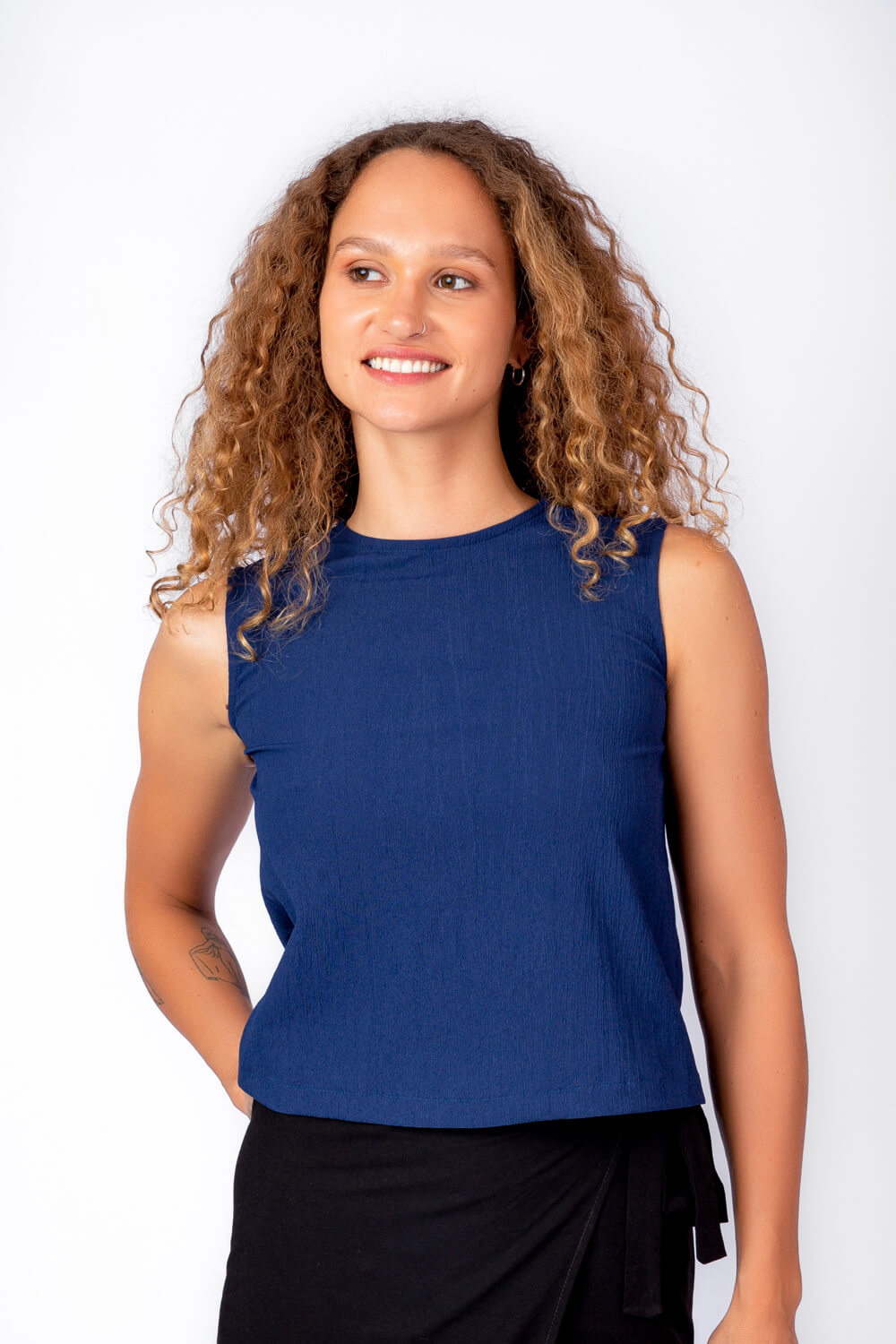 Odel Navy Sleeveless Back Detailed Button Down Top Odel.lk