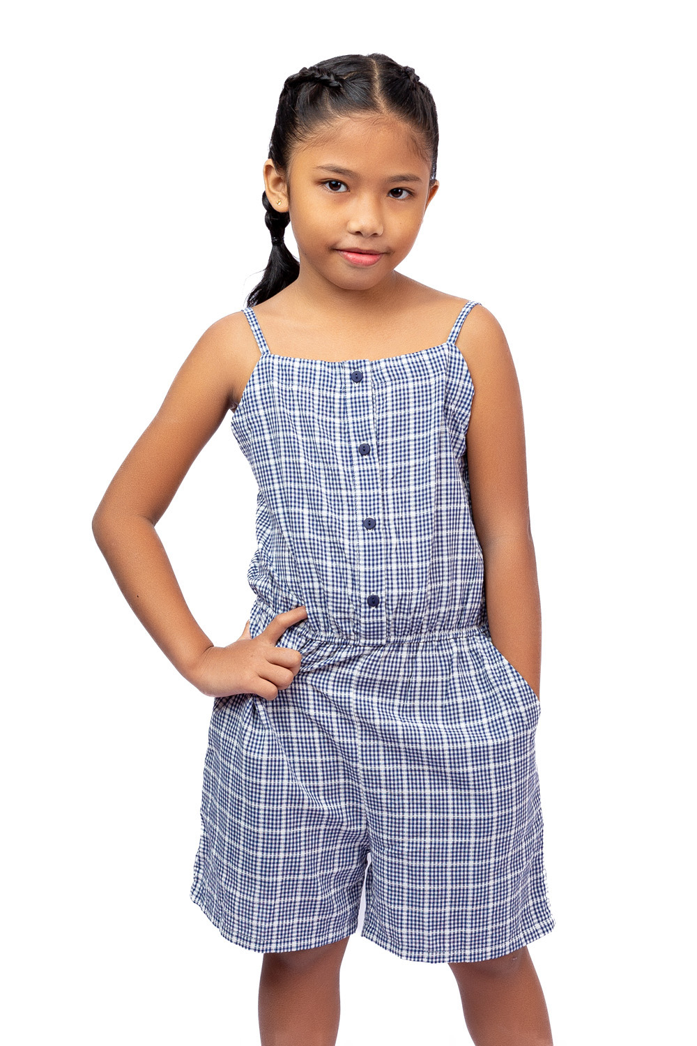 Blue and white checkered sales jumpsuit