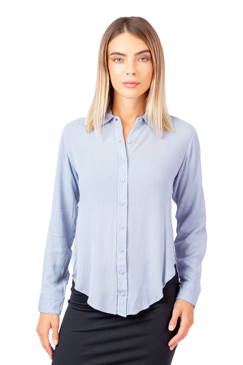 Textured Collared Neck Curved Hem Shirt