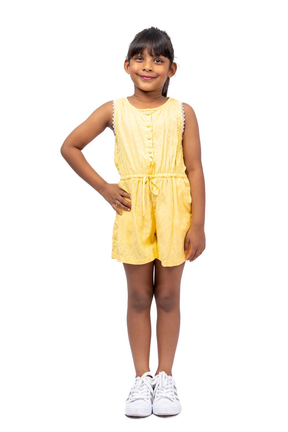Girls Yellow Cotton Tropical Printed Romper