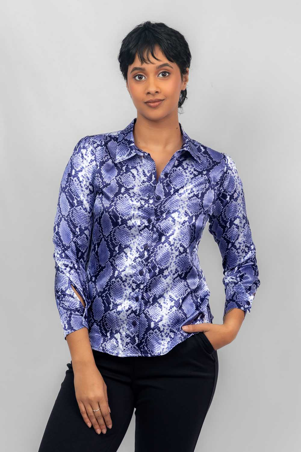 Blue Shirt Long Sleeve Collared Hook & Eye Satin Crepe
