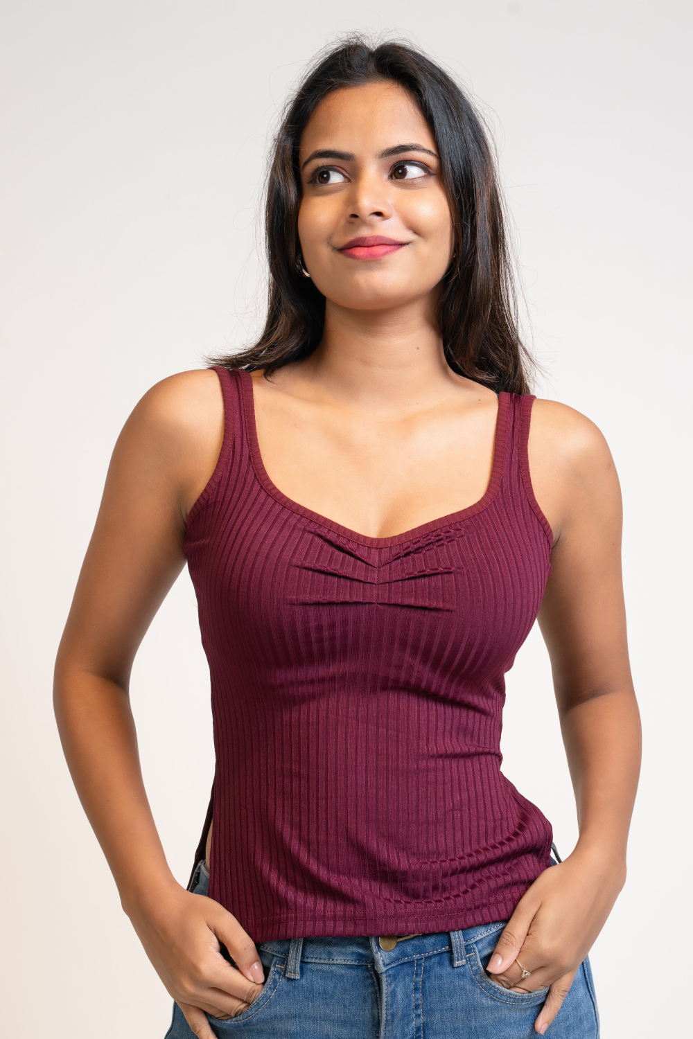 Mini Rib Maroon Biconic Maroon Sleeveless Front Ruched Side Open Rib Top | Odel.lk