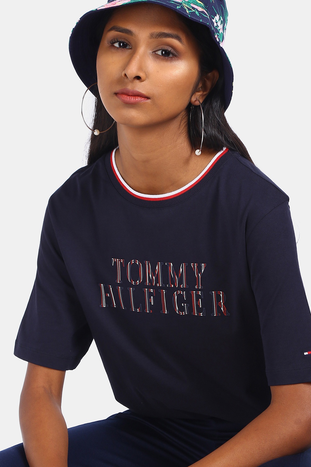 Tommy Hilfiger Women's Navy Ribbed Neck Brand Print T-Shirt