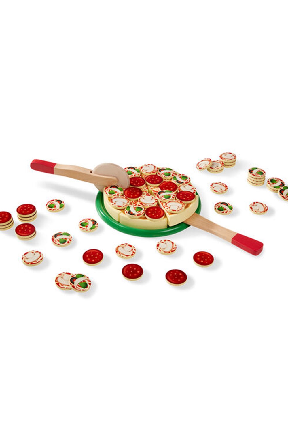 Melissa & doug pizza party wooden hot sale play food set with 54 toppings