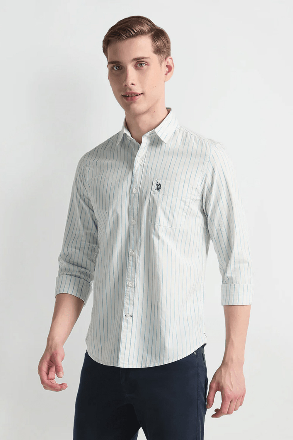 Men's Yellow Standard Slim Fit Horizontal Striped Spread Collar Twill Weave Cotton Shirt