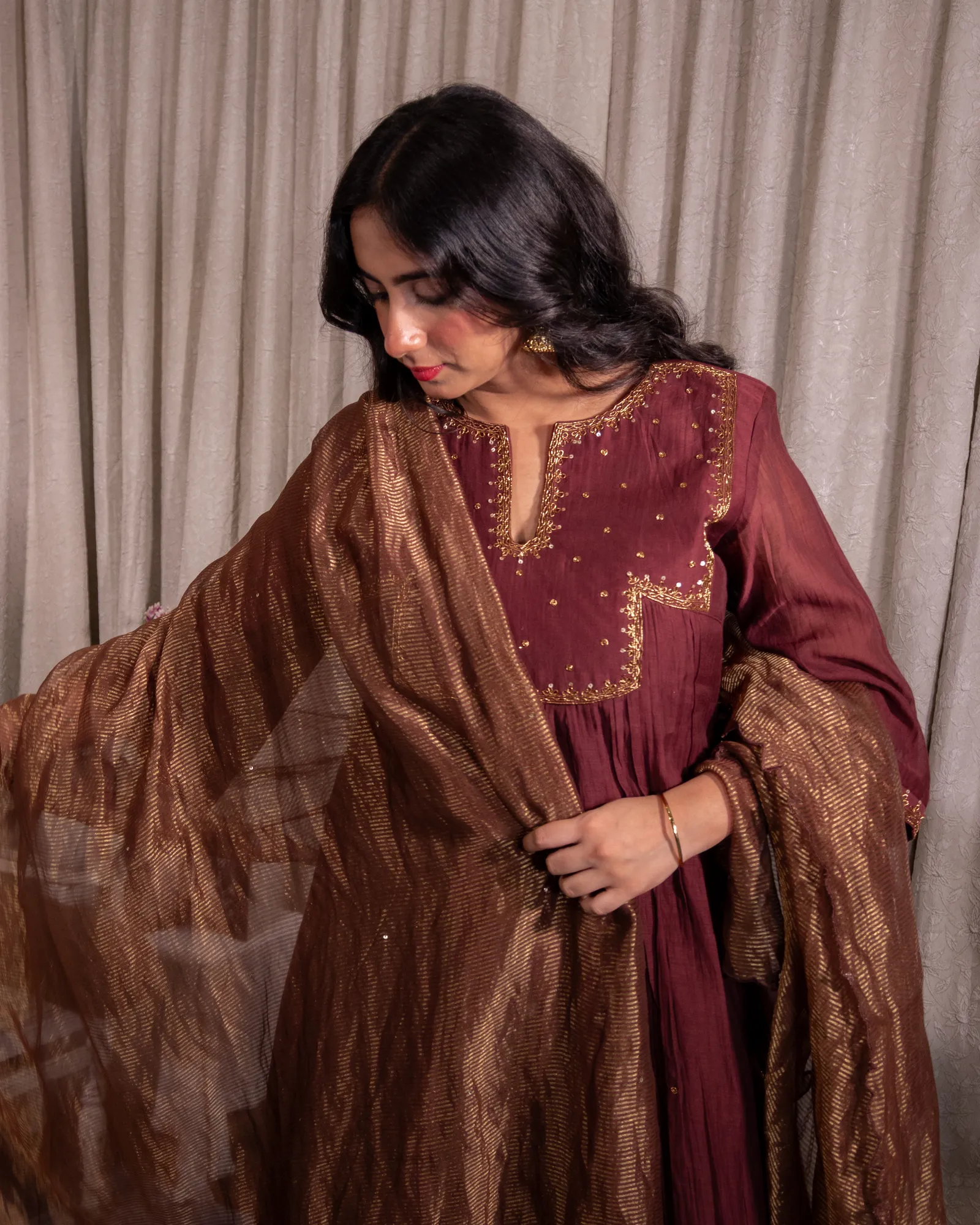 Maroon Gold Embroidered Cotton Silk Suit Set