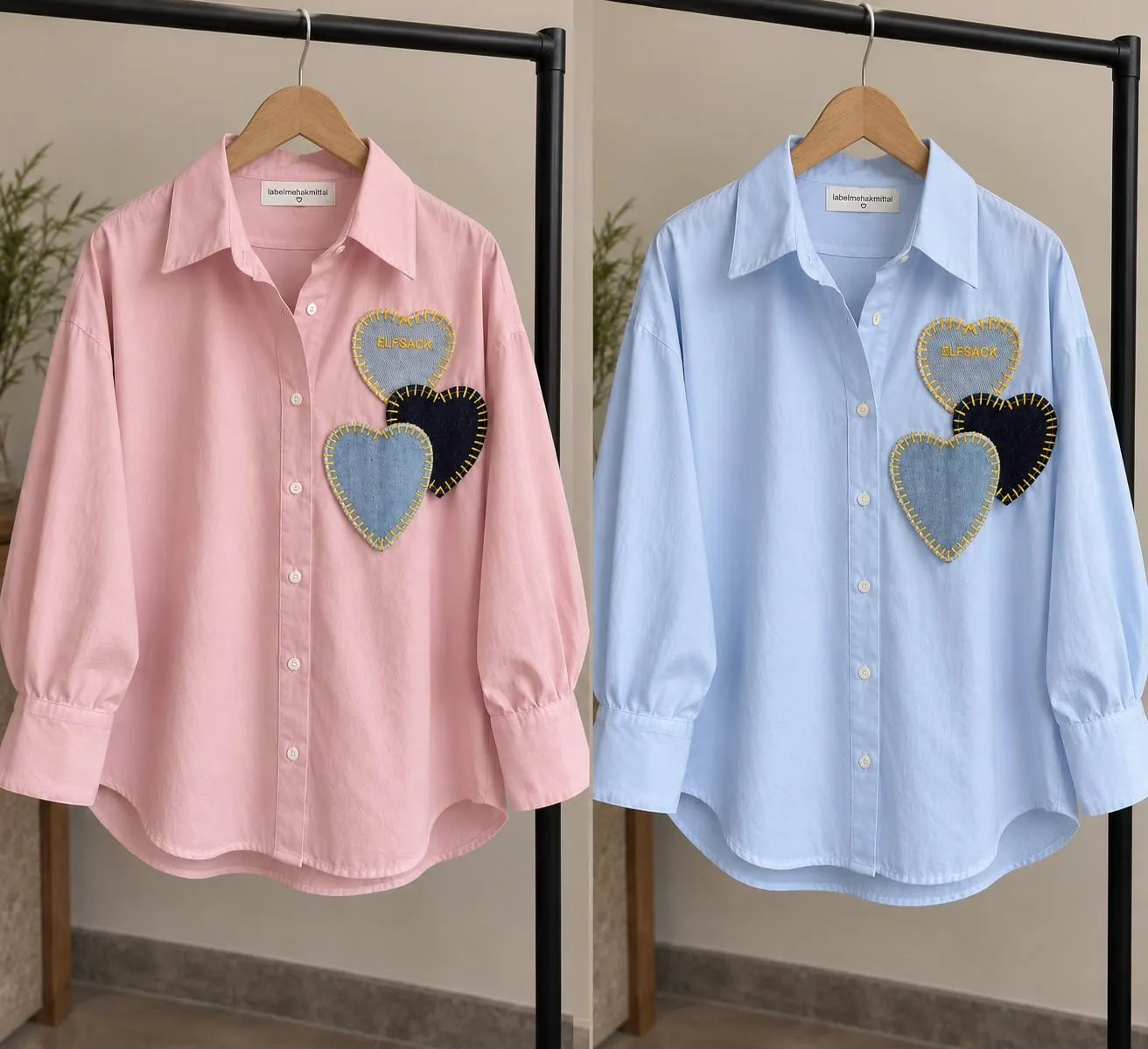 Triple Heart Patch Oversized Cotton Shirt