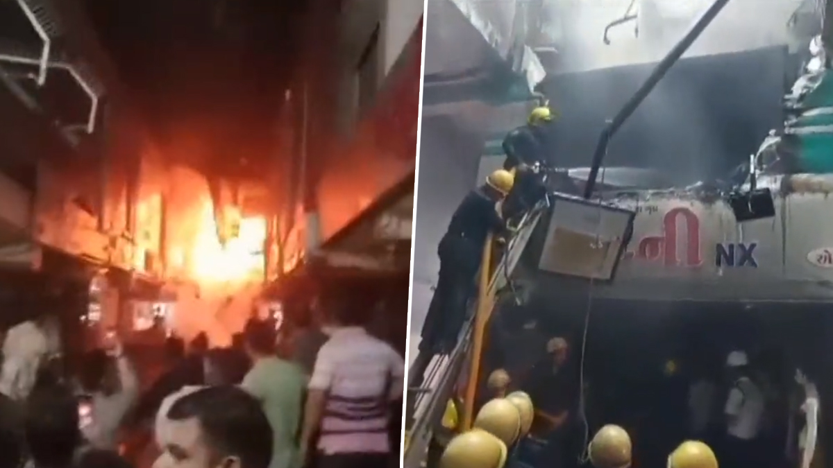 Fire Breakout in Gujarat: குஜராத்தில் பாம்பே மார்க்கெட்டில் ஏற்பட்ட பயங்கர தீ விபத்து.!: சம்பவ இடத்தில் 12 தீயணைப்பு படைகள்.!