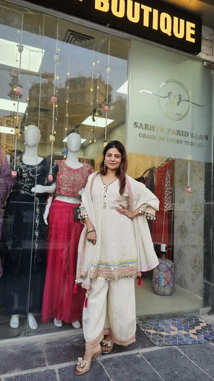 Ivory Embroidered Kurta Set with Statement Dupatta