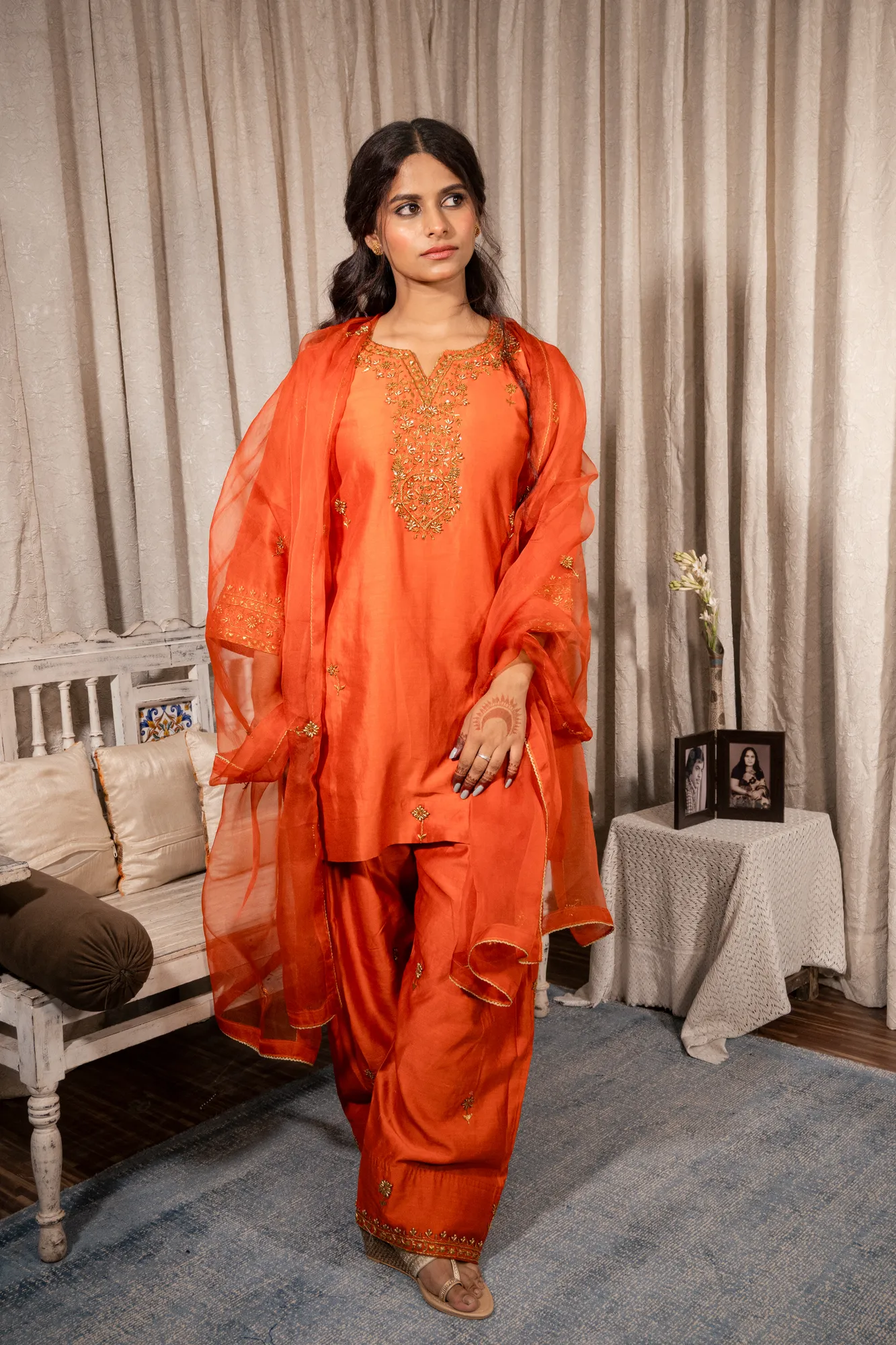 Rust Orange Embroidered Farshi Salwar Suit Set