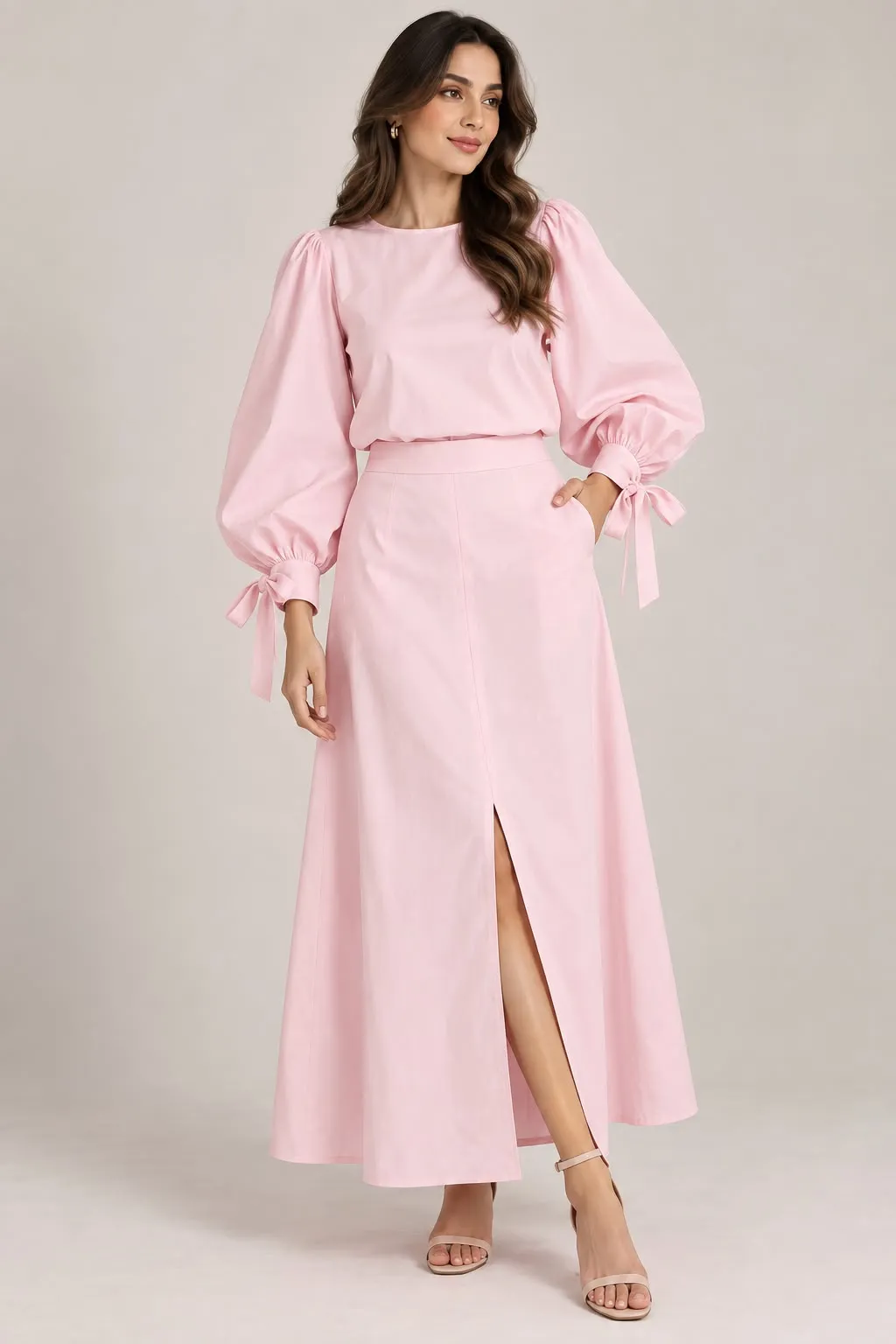 Blush Bow - Tie Cuff Top & Slit Skirt Co-ord Set