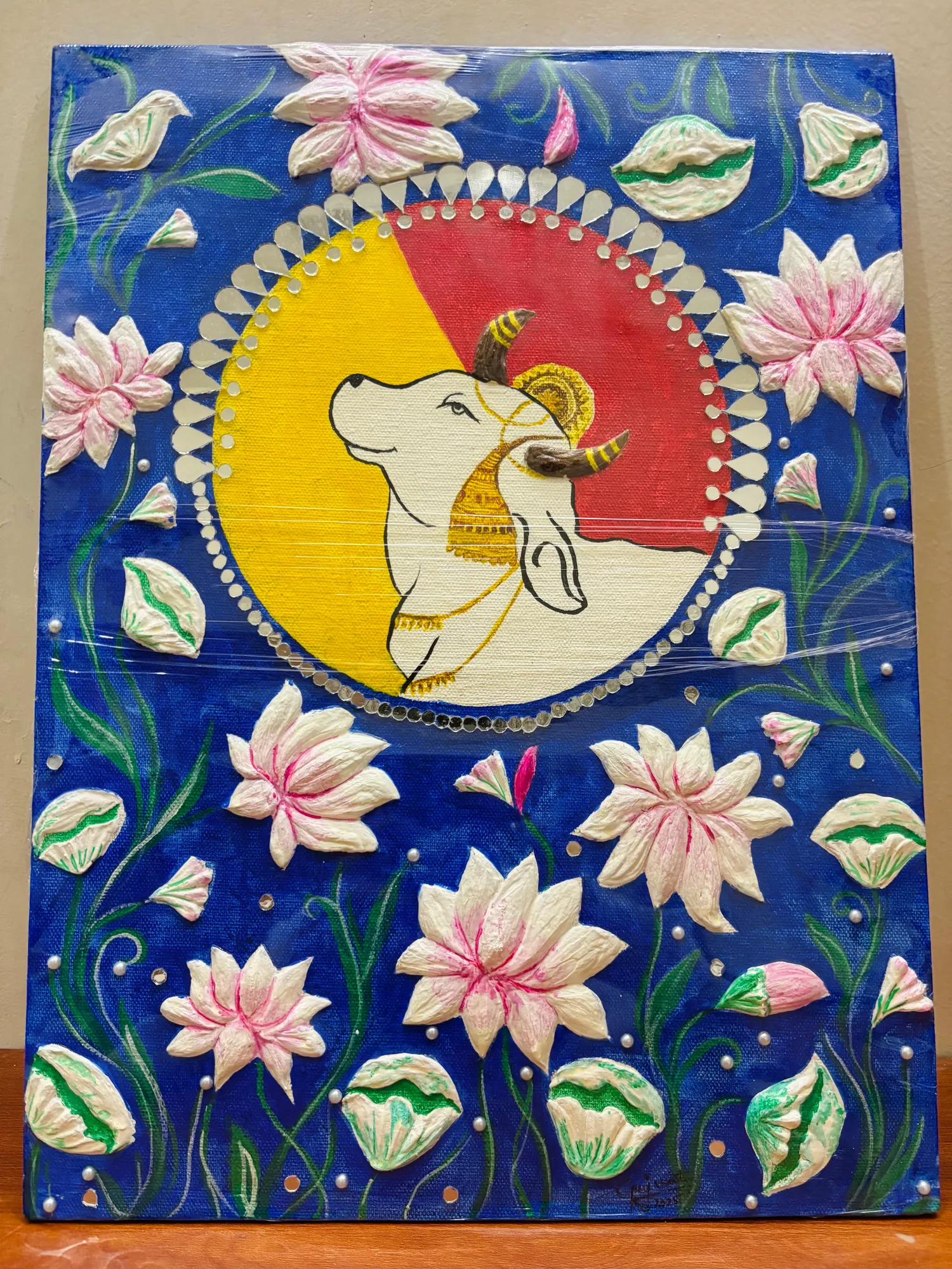 Kamdenu Aura - 3D Pichwai Cow Lippan Mirror Art Canvas