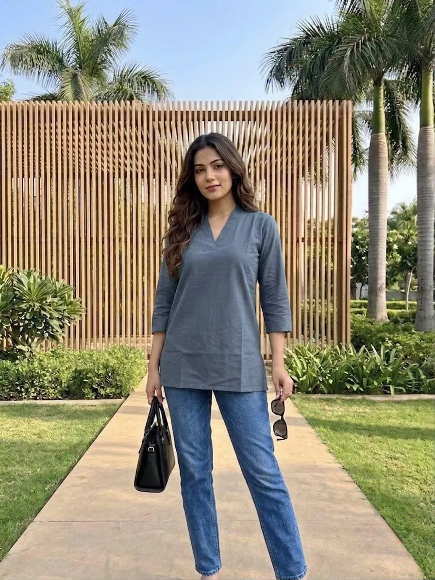 Slate Grey Solid V-Neck Straight Short Kurti Top