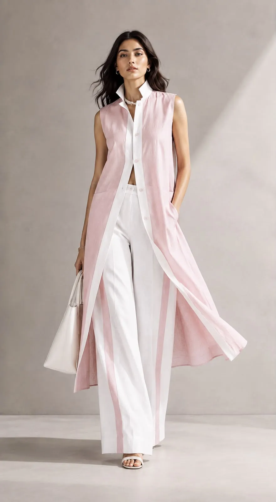 Blush Panel - Sleeveless Long Shirt & Pant Co-ord Set