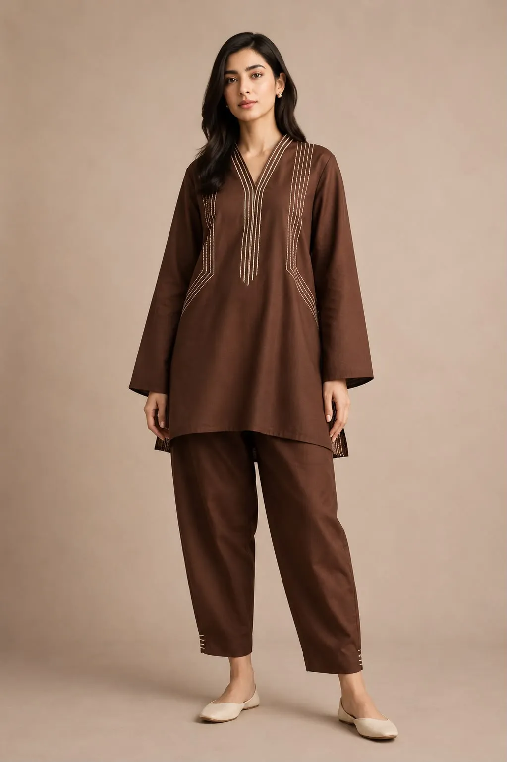 Mocha Lines - Beige Kantha Stitch Co-ord Set